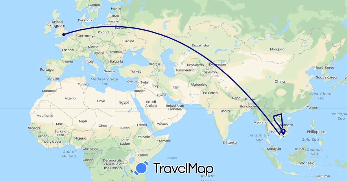TravelMap itinerary: driving in United Kingdom, Cambodia, Laos, Vietnam (Asia, Europe)